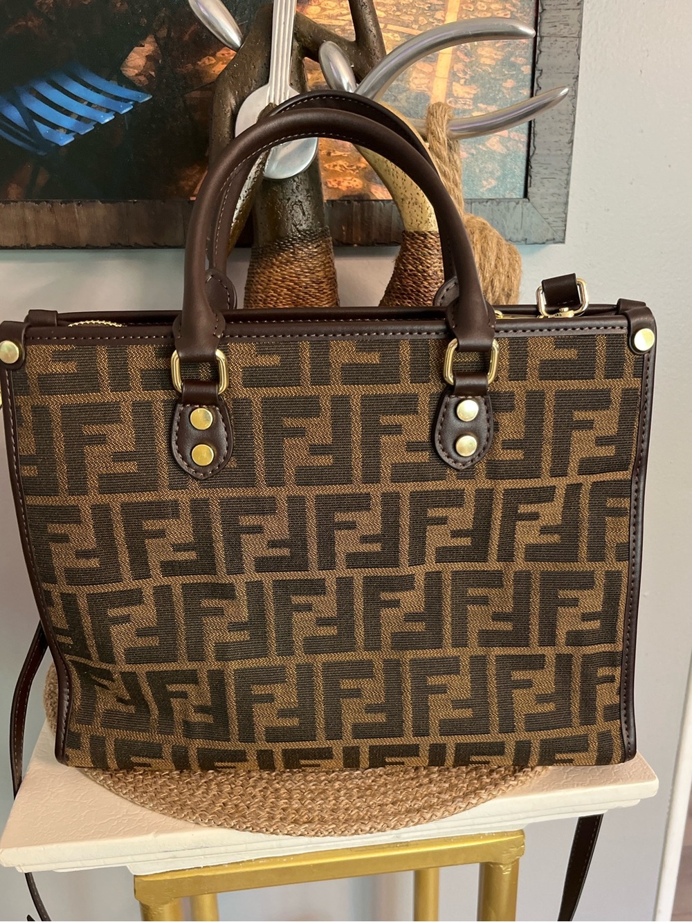 FASHION Brown Monogram Tote Bag with Top Handles and Crossbody Strap - Picture 2 of 2